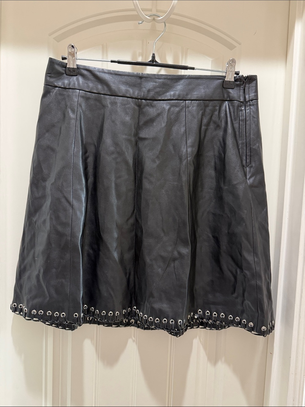 Worthington Black Faux Leather Mini Skirt with Grommet Trim size 10